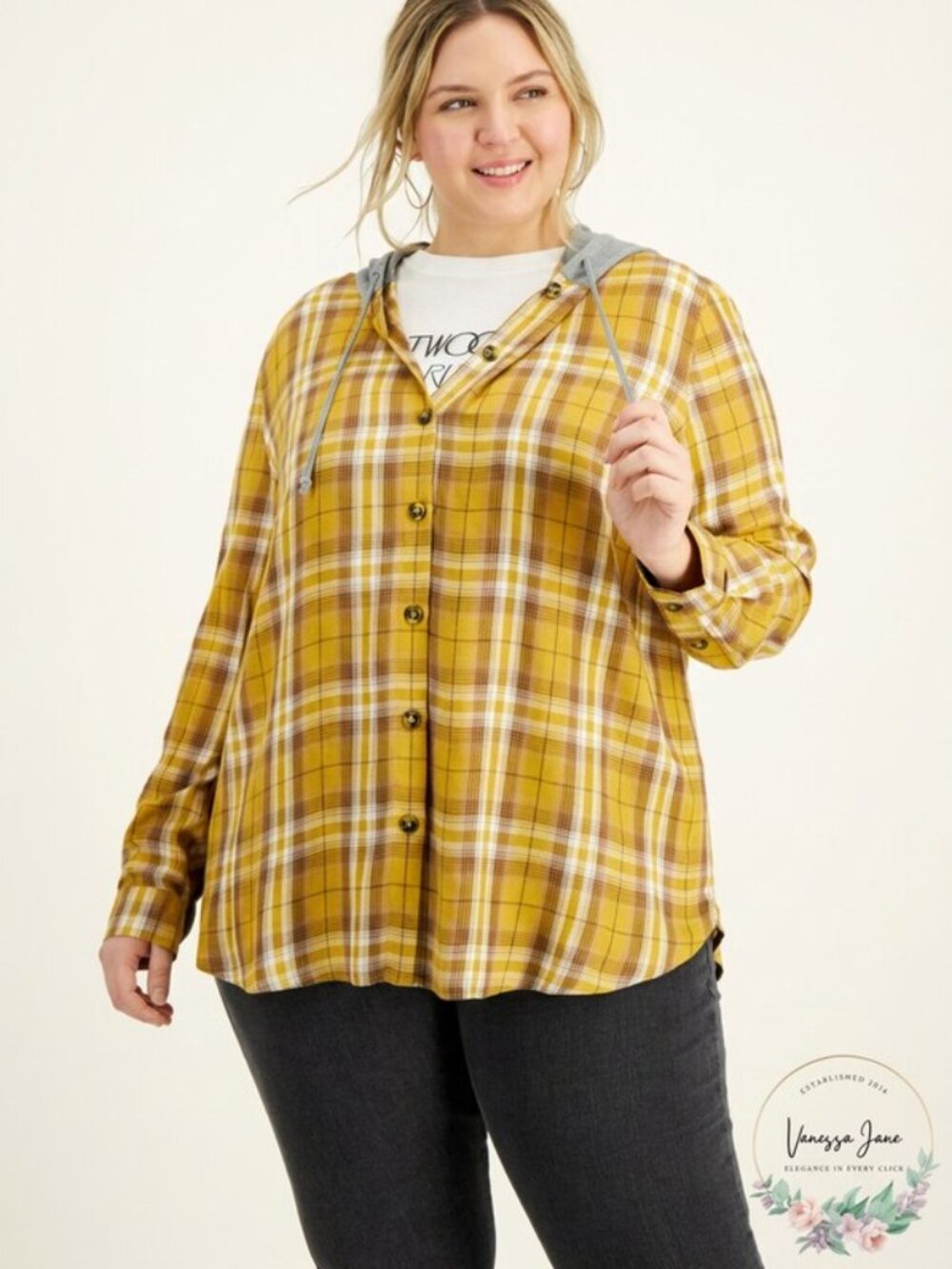 LOVE, Fire Trendy Plus Size Hooded Plaid Button-Front Shirt, Size 1X
